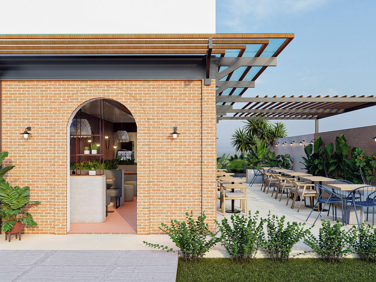Coffee shop front elevation with the brick arch entrance