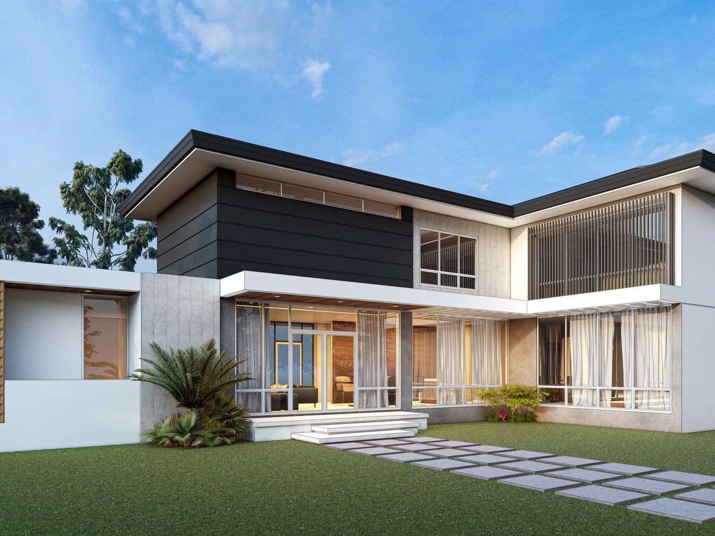 Two storey residence with dark upper cladding and full height glazing