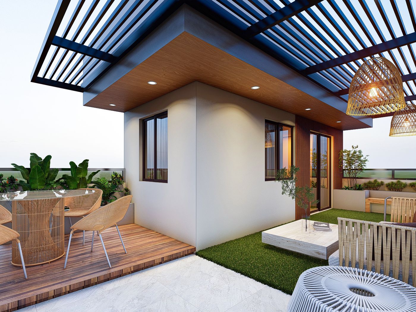 Roof deck with pergola, timber dining platform and planted lounge